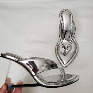 Brand New Good American Silver Patent Leather Wedge Sandals, 5.5